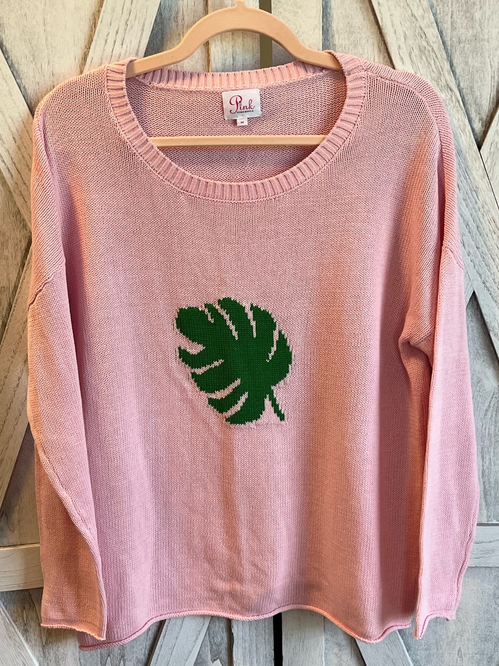 Pink Pineapple Pink Crewneck Sweater with Green Leaf Motif